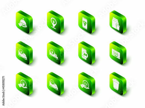 Set Cafe and restaurant location, Food ordering pizza, Online delivery, burger, Coffee cup to go, Clock 24 hours and Fast by car icon. Vector