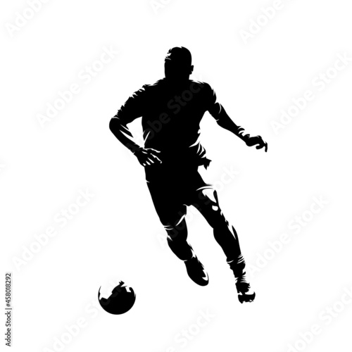 Soccer player running with ball, isolated vector silhouette, front view. Footballer ink drawing, striker