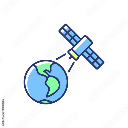 Earth observation process blue RGB color icon. Terrestial surface investigation by artifial satelite. Thin line customizable illustration. Isolated vector illustration. Simple filled line drawing