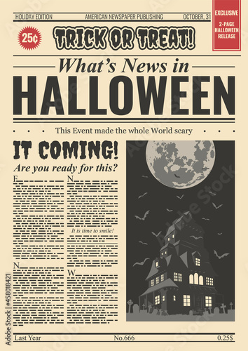 Halloween Newspaper Old Page Style Illustration, Halloween Postcard, Full Moon, Haunted Mansion, Cemetery 