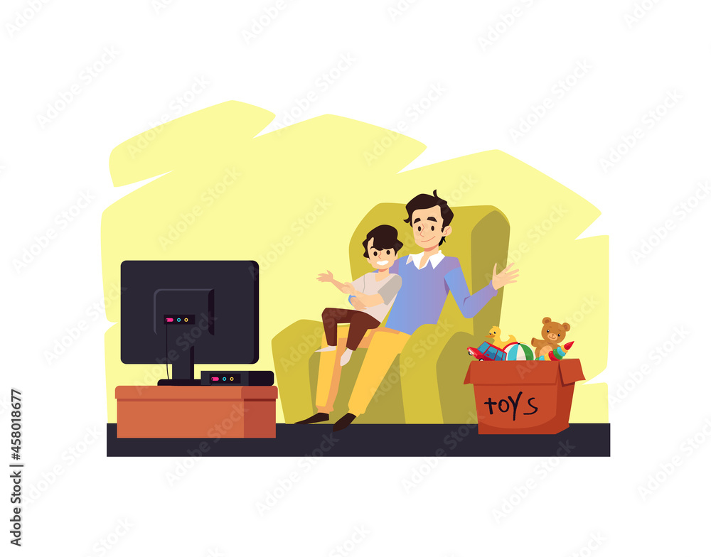 Father and son spending time together talking, flat vector illustration isolated. Father and son spending time together talking, flat vector illustration isolated.