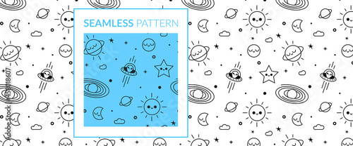 Motif seamless répétitif espace étoiles planètes astronomie mignon noir et blanc traits illustration vectoriel galaxie bébé enfant alien univers textile tissu