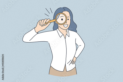 Searching investigation and research concept. Young smiling woman cartoon character standing holding magnifier glass over eyes feeling curious vector illustration 