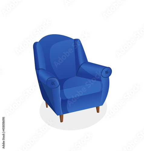 Cozy blue armchair on an isolated white background. Vector illustration of a home chair for the interior. Modern furniture for living room, bedroom, lobby. Icon, element.