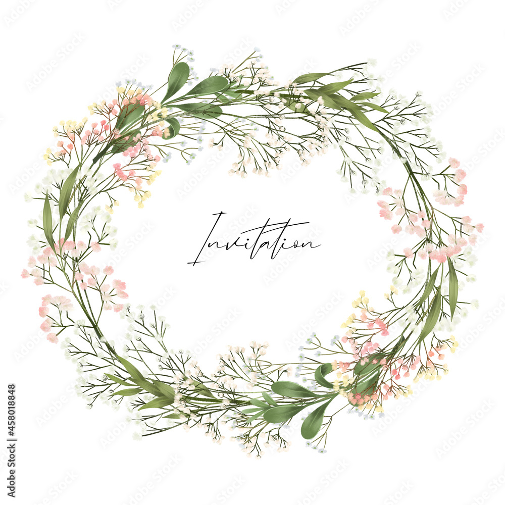 Wreath of greenery and gypsophila branches, isolated illustration on white background, for wedding and greeting card, invitation etc