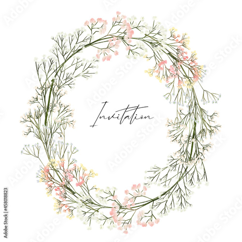 Wreath of gypsophila branches, isolated illustration on white background, for wedding and greeting card, invitation etc