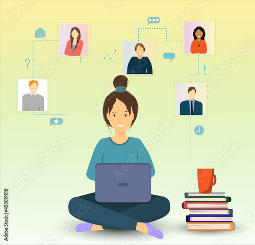 Young woman chatting with friend by video conference, online working concept, freelance work concept, flat vector illustration