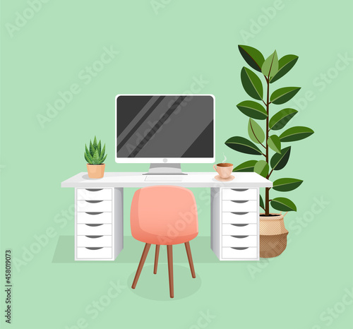 Workspace with computer, table, plant, chair and cup on isolated green background for home office, cabinet, remote work, freelance, teaching. Vector illustration in flat cartoon style.