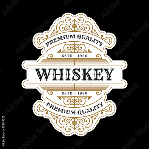 Vintage luxury ornamental logo with floral ornament. Suitable for whiskey, alcohol, beer, brewery, wine, barber shop, tattoo studio, salon, boutique, hotel, shop signage bottle sticker