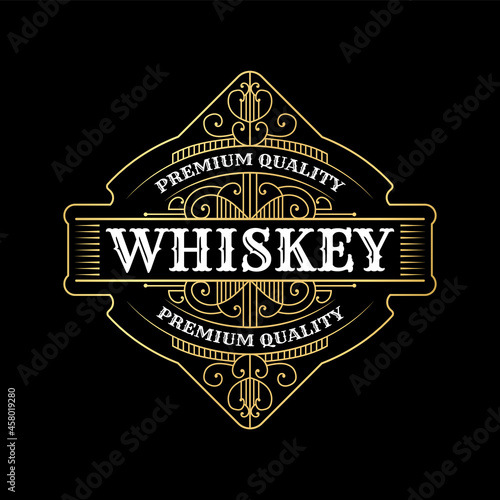 Vintage luxury ornamental logo with floral ornament. Suitable for whiskey, alcohol, beer, brewery, wine, barber shop, tattoo studio, salon, boutique, hotel, shop signage bottle sticker