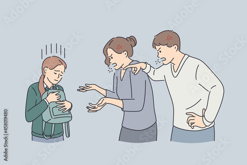 Home abuse and scandal concept. Furious angry parents mom and dad shouting screaming at their sad daughter holding backpack vector illustration 