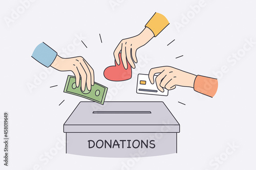 Donation box and charity concept. Human hands putting money cash love and heart to donation box together helping doing charity vector illustration