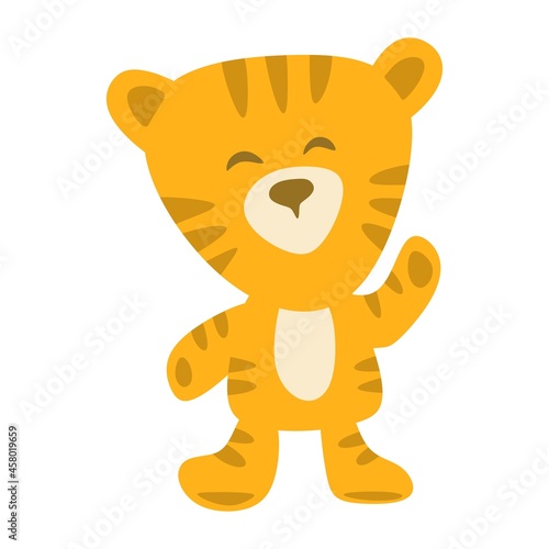 Funny cartoon tiger. Stands and waves his hand. Orange striped character on a white background. Children s flat style. Vector illustration.