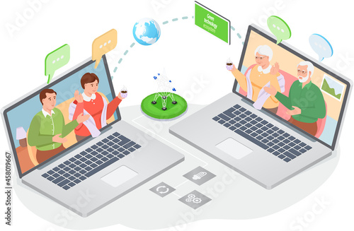 People communicate with family online using laptops. Collective virtual meeting or group video communication. Chatting with relatives by online videochat, videoconferencing using green technology