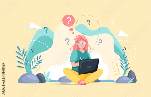 Making confusion. Woman thought about solution to problem, choose options person concept. Career, life and question decision process visualization. Person thinks hesitates to make ones choice