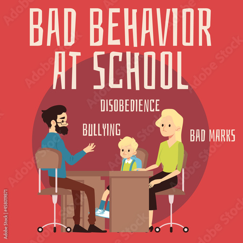 Family discussing with psychologist kids bad behavior, flat vector illustration.