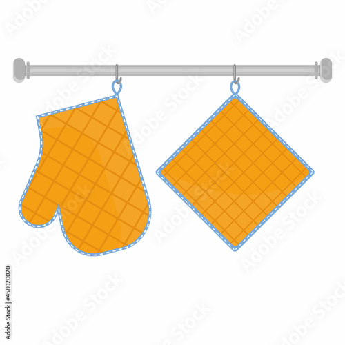 Oven mitt and oven mitt hanging on the rack on hooks, color isolated vector illustration in the flat style