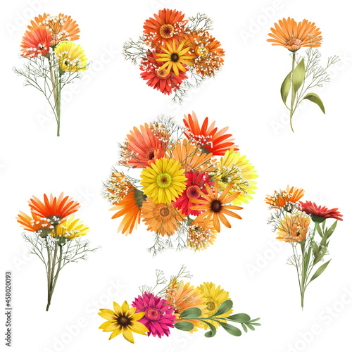 Autumn floral bouquets of asters, gerber flowers and gypsophila branches set, isolated flower arrangements on white background photo
