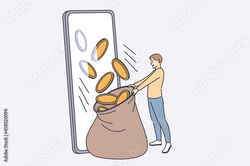 Making money online in internet concept. Smiling man standing and catching golden coins falling from smartphone screen vector illustration