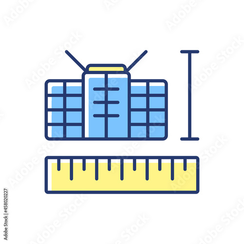 Nano Satellites blue, yellow RGB color icon. Low mass, size science, cube-shaped innovative spacecrafts. Thin line customizable illustration. Isolated vector illustration. Simple filled line drawing