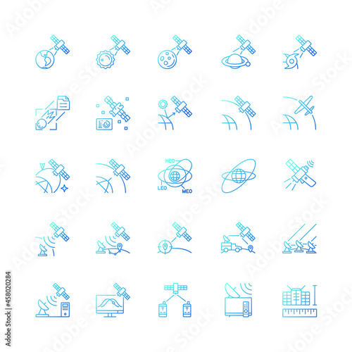 Satellites types gradient linear vector icons set. Celestial bodies observation, exploration perfomance. Thin line contour symbols bundle. Isolated outline illustrations collection