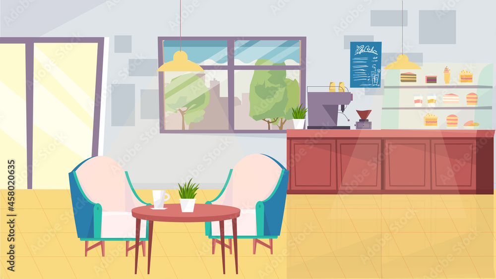 Coffee shop interior concept in flat cartoon design. Barista table with  coffee machine, menu, showcase with desserts, table with armchairs, door  and window. Vector illustration horizontal background Stock Vector | Adobe  Stock