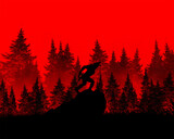 3d illustration of a Werewolf in silhouette against a forest in red 
