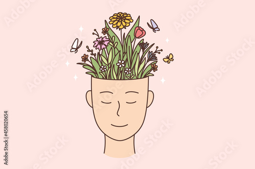 Creativity, personal development, individual growth concept. Human hand with smile and full of flowers blooming in pot vector illustration 