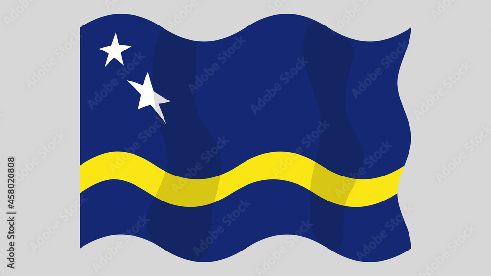 Detailed flat vector illustration of a flying flag of Curaçao on a light background. Correct aspect ratio. Detailed flat vector illustration of a flying flag of Curaçao on a light background. Correct aspect ratio.