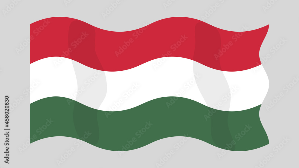 Detailed flat vector illustration of a flying flag of Hungary on a light background. Correct aspect ratio. Detailed flat vector illustration of a flying flag of Hungary on a light background. Correct aspect ratio.