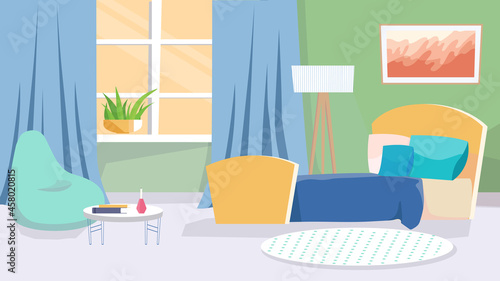 Bedroom interior concept in flat cartoon design. Bed with pillows, armchair bag, coffee table, window with curtains, plants and decor. Apartment inside. Vector illustration horizontal background