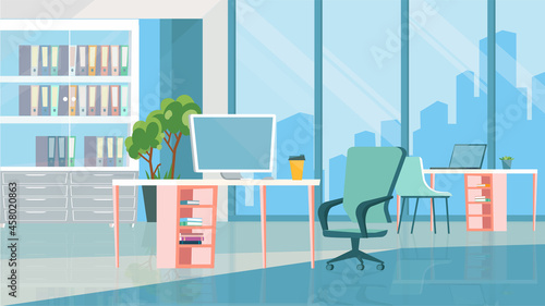 Open office room interior concept in flat cartoon design. Workplaces with computers, tables and chairs, bookcase with folders, huge window with city skyline. Vector illustration horizontal background