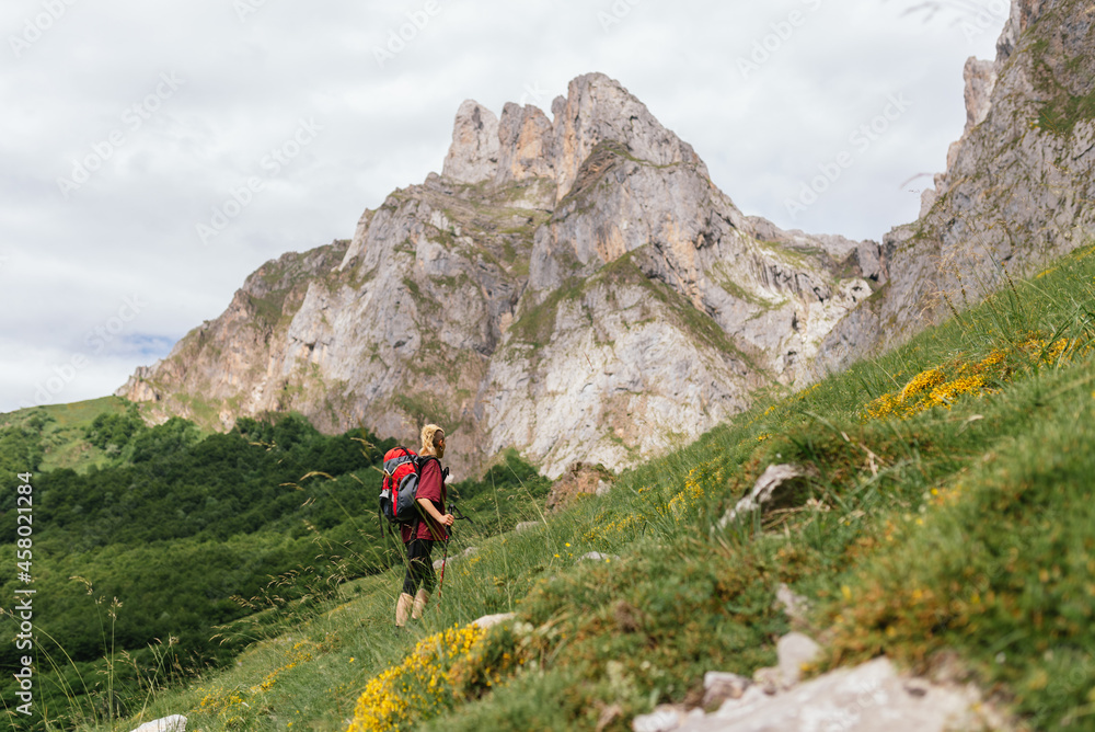 Young  traveler woman, with a backpack on her back, ascending a mountain during an excursion through the Picos de Europa National Park.