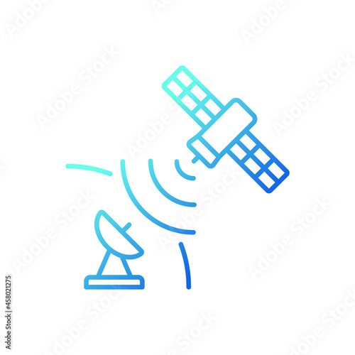 Satellite signal gradient linear vector icon. Telecommunications network. Signal receiving dish satelite. Thin line color symbol. Modern style pictogram. Vector isolated outline drawing