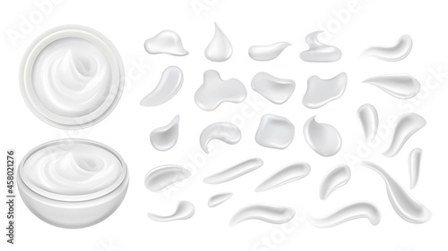 Cosmetics smear. Cream plastic can, smears white lotion or gel. Milk yogurt drops, isolated body care cosmetic realistic vector elements