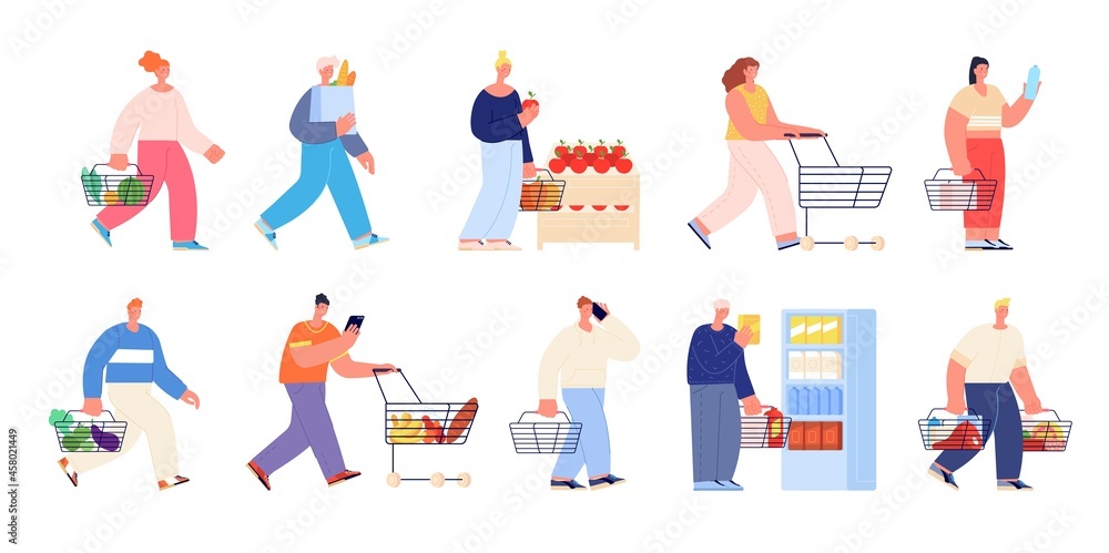 Grocery store characters. Buy in shop, supermarket shopping customers. Isolated flat people with cart and bag, buying food utter vector set