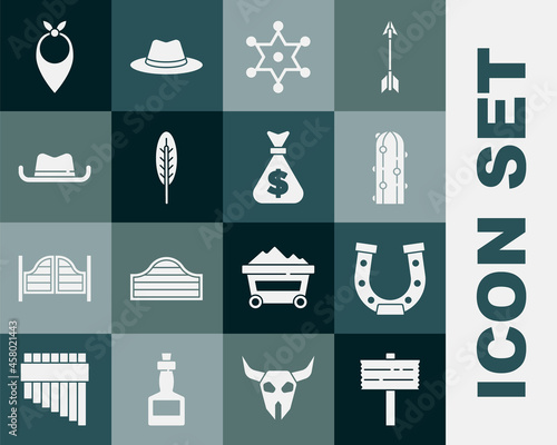 Set Road traffic signpost, Horseshoe, Cactus, Hexagram sheriff, Indian feather, Western cowboy hat, Cowboy bandana and Money bag icon. Vector