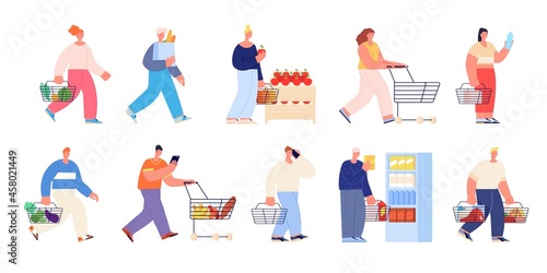 Grocery store characters. Buy in shop, supermarket shopping customers. Isolated flat people with cart and bag, buying food utter vector set