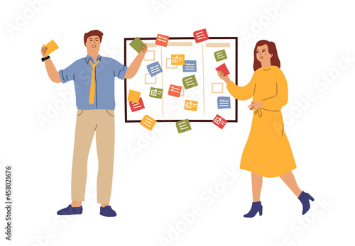 Office task board. Teamwork, overworking managers with lists. Time management, business development or fail targets vector concept