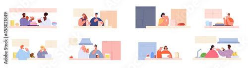 People eating. Eat on kitchen, couple prepare food and testing ingredients. Breakfast, lunch or dinner. Cooking meal at home utter vector set