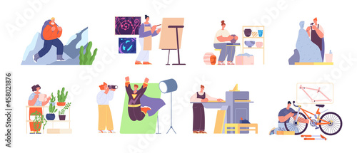 People and hobby. Artist imagination, hobbies artistic and creative. Person art occupation, photographer, painter, florist utter vector characters