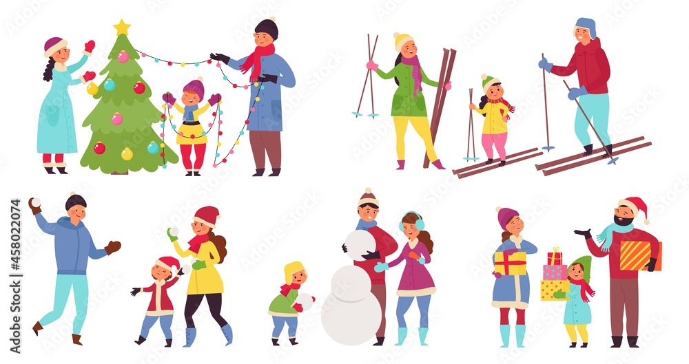 Family winter activities. Enjoying vacations, woman man wear warm clothes. Isolated fun children, snow happy christmas holidays decent vector scenes
