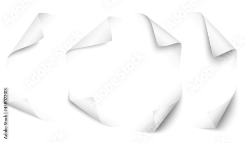 White paper curled corners. Page corner turn, book or magazine sheets. 3d curve template, flip edge note stickers. Blank leaf recent vector set