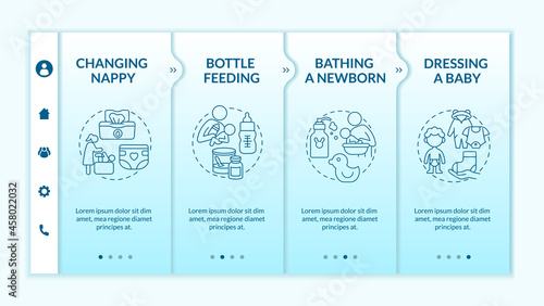 Infant care blue gradient onboarding vector template. Responsive mobile website with icons. Web page walkthrough 4 step screens. Mother looking after newborn color concept with linear illustrations