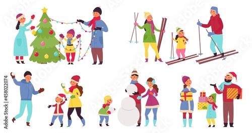 Family winter activities. Enjoying vacations, woman man wear warm clothes. Isolated fun children, snow happy christmas holidays decent vector scenes