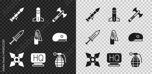 Set Rocket launcher, War axe, Japanese ninja shuriken, Military headquarters, Hand grenade, Sword and Cocktail molotov icon. Vector