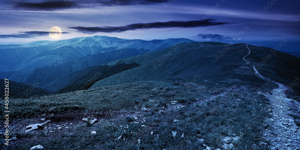 Fototapeta premium mountain landscape at night in spring. path through meadow in grass on the hill in full moon light. wonderful weather with fluffy clouds on the sky. borzhava ridge of carpathians