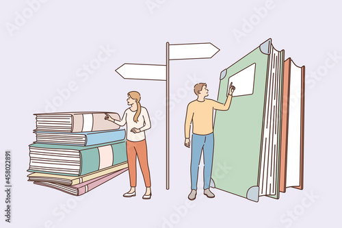 Education, knowledge and choosing profession concept. Young girl and boy standing bear books heaps choosing way of development profession speciality vector illustration 