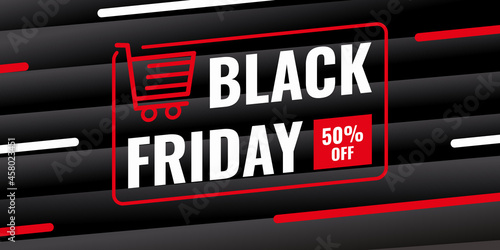 Black friday sale background banner with red trolley and 50 percent discount sale isolated on black background.