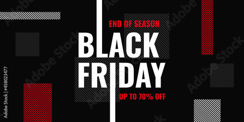 End of season Black friday sale background banner with up to 70 percent discount letter and red white geometric shape.